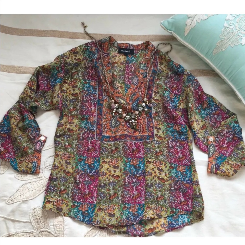 Anthropologie Tolani XS Silk boho peasant blouse gypsy bohemian hippie retro